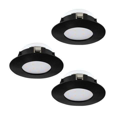 Pineda LED Downlight 7.8cm Set of 3 in black, showing three round plastic fixtures with opal diffusers and slim black trims on a plain white background.