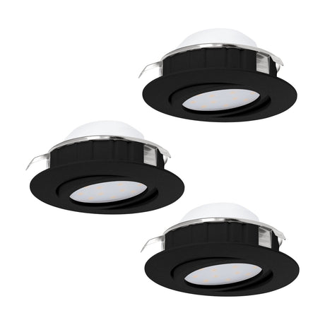Pineda LED Downlight 8.4cm Set of 3 in black, round plastic bodies with adjustable chrome trim and frosted diffusers, shown on a plain white background.