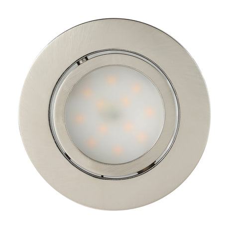 Pineda LED downlight in satin nickel with round brushed bezel and frosted diffuser, warm white integrated LEDs visible, shown on a plain white background.