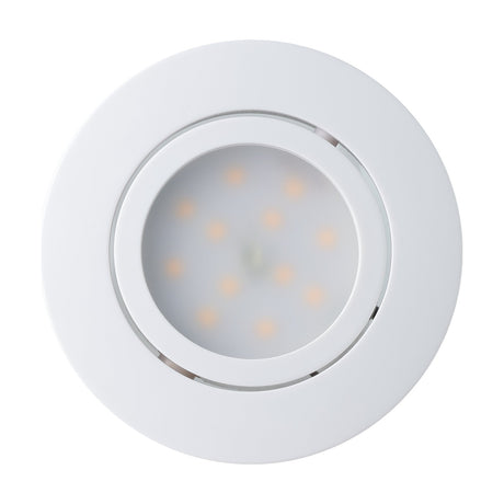 Pineda round recessed LED downlight in white plastic, close-up front view showing the tilting head with integrated warm white LEDs behind a frosted diffuser.