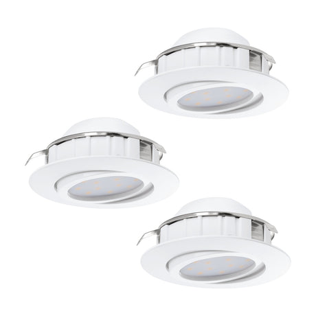 Pineda LED Downlight Set of 3 in white, round recessed fittings with tilting heads and integrated warm white LEDs, shown on a plain white background.