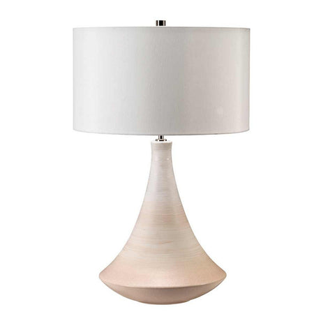 Introducing the Pinner 1 Light Table Lamp in Subtle Pink & Matt Cream, featuring a cream faux silk cylinder shade paired with a beige ceramic vase base. This modern lamp showcases a sleek and contemporary design with a wide, rounded bottom that gracefully tapers towards the top, making it an ideal addition to any space.