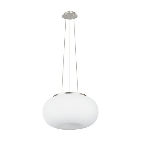 Pismarne 2-light pendant with a wide, flattened white opal glass shade and satin nickel collar, suspended on three thin wires from a round ceiling canopy, shown on a plain white background.