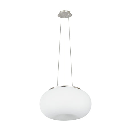 Pismarne 2-light pendant with a flattened matt opal glass globe, 44.5cm wide, suspended on fine wires from a satin nickel ceiling canopy and collar, shown on a plain white background.