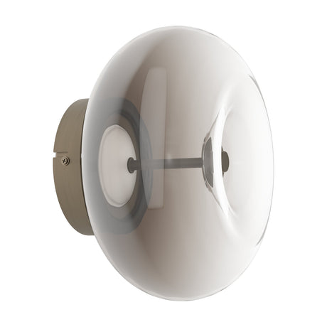 Pismarne LED Ceiling Light in Bronze, featuring a round, flattened smoked glass bubble shade held on a slim central rod from a bronze steel mounting plate, shown on a plain white background.