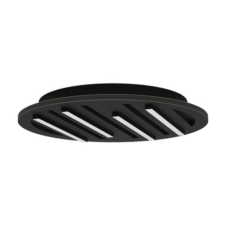 Pitrignani round LED flush ceiling light in matt black, 38cm, with slatted face and staggered LED strips, shown at an angle on a white background.