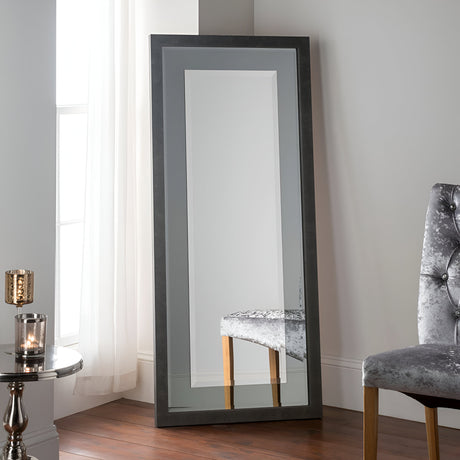 Full-length rectangular floor mirror with a contemporary charcoal grey frame, designed to lean against walls for a modern touch. Perfect for bedrooms, dressing rooms, or living spaces, this mirror enhances natural light and adds depth to interiors.