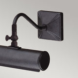 The Picture Light 1 Light Small - Black is a wall-mounted metal light fixture in an industrial design, featuring an adjustable arm and a black finish. It has a cylindrical shape with a square back plate, set against a neutral background.