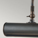 Close-up of the Picture Light 1 Light Small in a dark bronze finish, featuring an industrial-style pendant fixture with a cylindrical shade. Its adjustable arm is enhanced by a small lever, set against a plain light grey background.