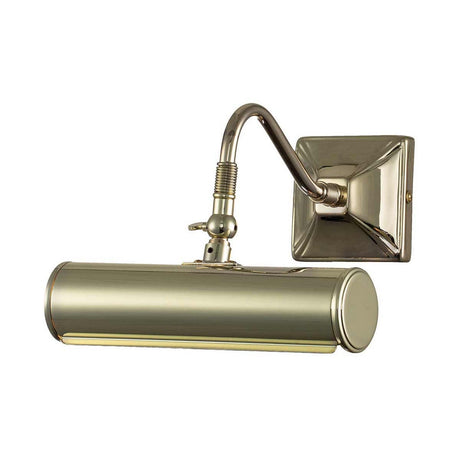 The Picture Light 1 Light Small in polished brass offers a sleek design with a cylindrical shade and adjustable arm, ideal for illuminating artwork. It includes a square base for wall mounting, delivering a sophisticated and polished finish.