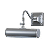 Experience the Picture Light 1 Light Small in polished chrome, featuring a wall-mounted design with a cylindrical shade and adjustable arm. This sleek lighting solution is expertly crafted to illuminate artwork, enhancing any display with modern style.