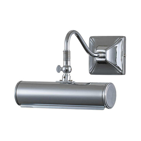 Experience the Picture Light 1 Light Small in polished chrome, featuring a wall-mounted design with a cylindrical shade and adjustable arm. This sleek lighting solution is expertly crafted to illuminate artwork, enhancing any display with modern style.