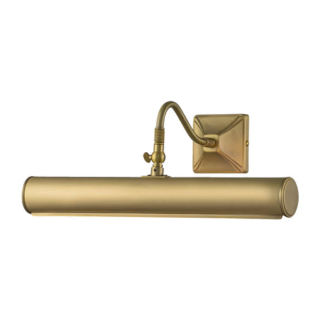 The Picture Light 2 Light Large in Brushed Brass features a cylindrical light mounted on a square backplate. It includes an adjustable arm for customizable lighting, providing a sleek and modern design ideal for showcasing artwork.