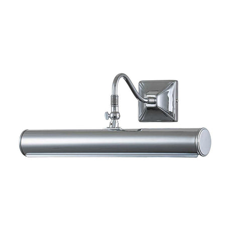 Introducing the Picture Light 2 Light Large in polished chrome—a sleek and modern wall-mounted fixture. It features a cylindrical lamp and a rectangular backplate, with an adjustable arm that boasts a polished finish, making it perfect for illuminating artwork or photographs.