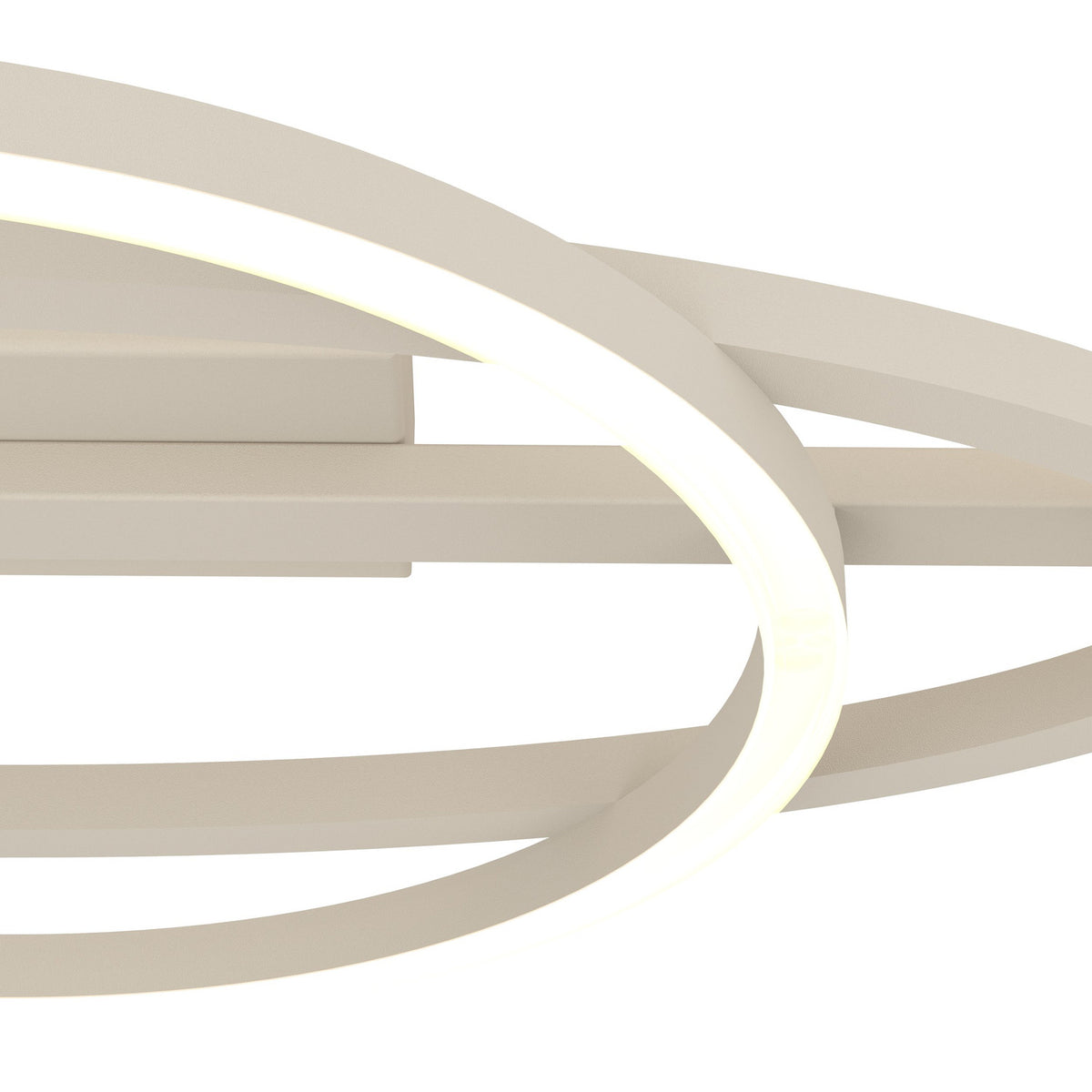 Close-up of the Planillo LED flush ceiling light in sand, showing crossing aluminium and steel rings and a straight bar with a glowing white plastic diffuser, against a plain white background.