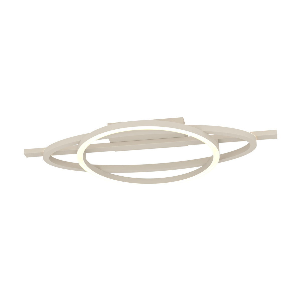 Planillo LED Flush Ceiling Light in sand finish with intersecting circular ring, elliptical ring and straight bar in aluminium and steel, plus a white plastic diffuser.