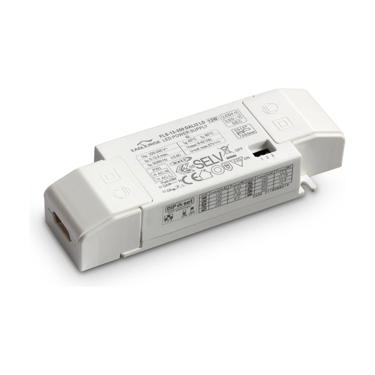 White compact rectangular LED driver with printed specification labels, DIP switch, and connector ports on a white background, 12W DALI and push dimmable constant current unit.