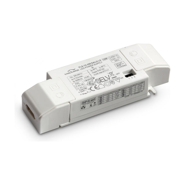 White compact rectangular LED driver with printed specification labels, DIP switch, and connector ports on a white background, 12W DALI and push dimmable constant current unit.