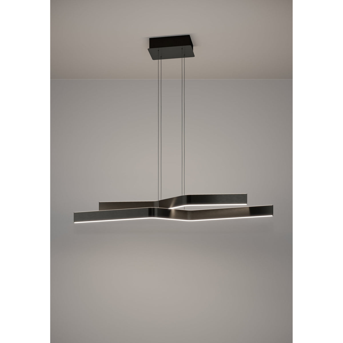 Playitas Pendant Light in brushed aluminium and black, two slim angled LED bars suspended on fine wires from a black rectangular ceiling canopy, shown against a plain light grey background.