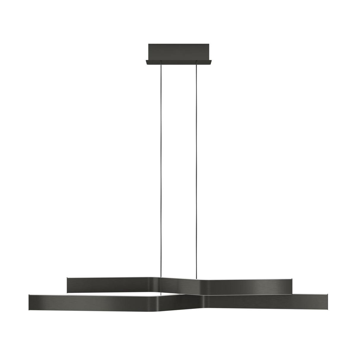 Playitas Pendant Light featuring two angled, cross-shaped bars in brushed aluminium and black, suspended on thin wires from a black rectangular ceiling canopy against a plain white background.