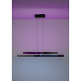 Playitas Pendant Light in brushed aluminium and black, two slim LED bars suspended on fine wires from a black ceiling canopy, shown glowing purple against a matching wall.