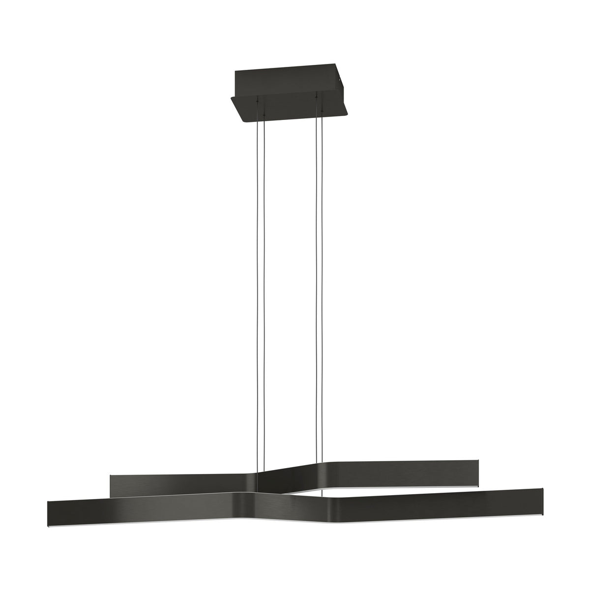 Playitas Pendant Light featuring two slim angled bars in brushed aluminium and black, suspended on fine wires from a black rectangular ceiling canopy, shown on a plain white background.