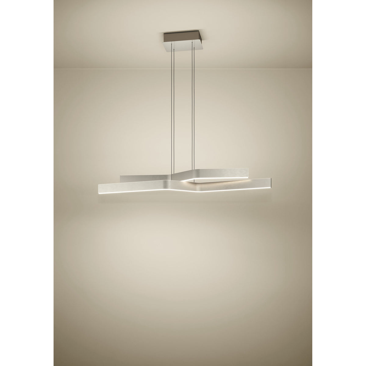 Playitas LED pendant light in satin nickel, two angled aluminium and steel bars joined at a central kink, suspended on fine wires from a rectangular ceiling plate against a plain neutral background.