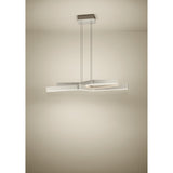 Playitas LED pendant light in satin nickel, two angled aluminium and steel bars joined at a central kink, suspended on fine wires from a rectangular ceiling plate against a plain neutral background.