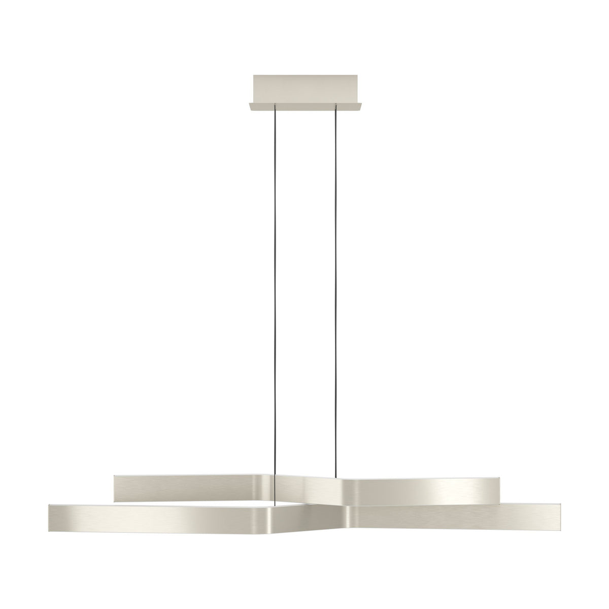 Playitas Pendant Light in satin nickel, featuring two angled steel and aluminium bars suspended on fine wires from a slim rectangular ceiling plate, shown on a plain white background.