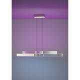 Playitas Pendant Light in satin nickel, a long linear LED fixture with two offset aluminium and steel bars suspended on thin wires, shown glowing RGB purple against a matching ceiling and wall.