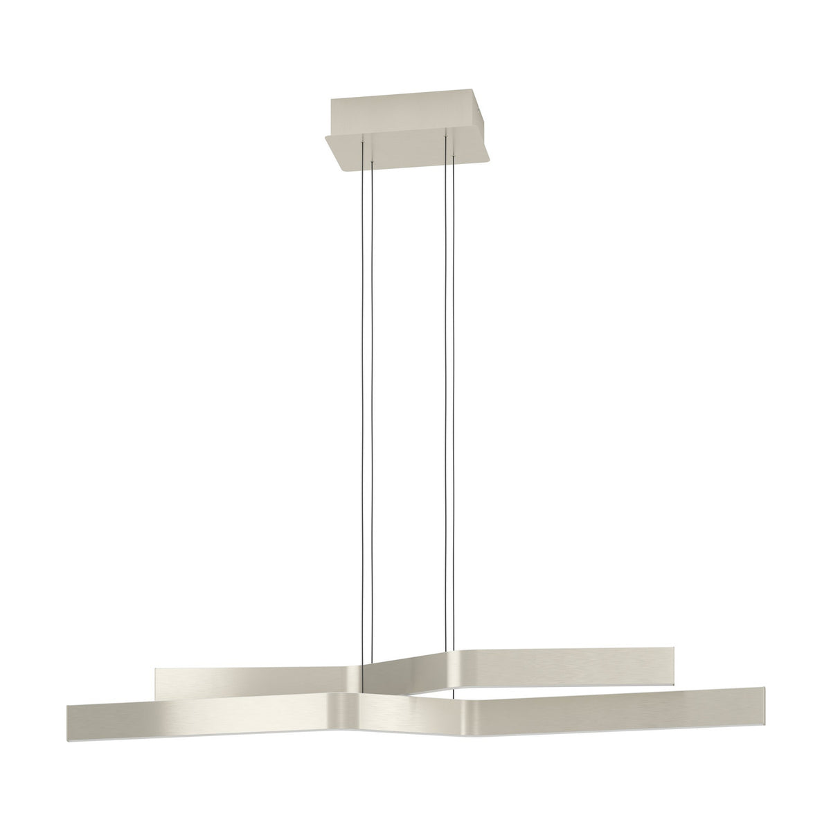 Playitas Pendant Light in satin nickel, featuring two kinked steel and aluminium bars suspended on fine wires from a rectangular ceiling plate, shown against a plain white background.