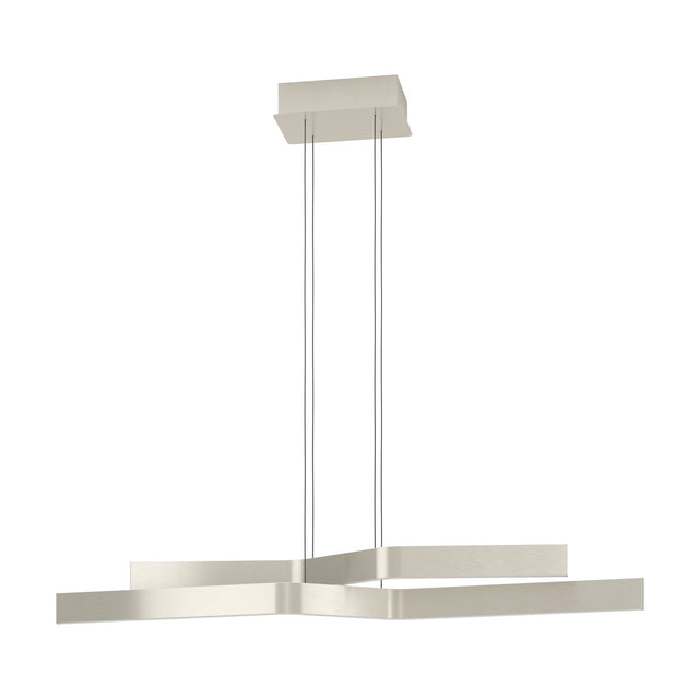 Playitas Pendant Light in satin nickel, featuring two kinked steel and aluminium bars suspended on fine wires from a rectangular ceiling plate, shown against a plain white background.