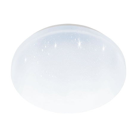 Pogliola-E round LED flush ceiling light, 26cm, white steel body with a white plastic diffuser showing a sparkling crystal effect, shown on a plain white background.