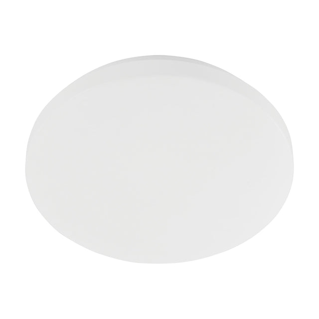 Pogliola-E round LED flush ceiling light in white, 26cm, with a smooth opal plastic diffuser and steel body, shown on a plain white background.