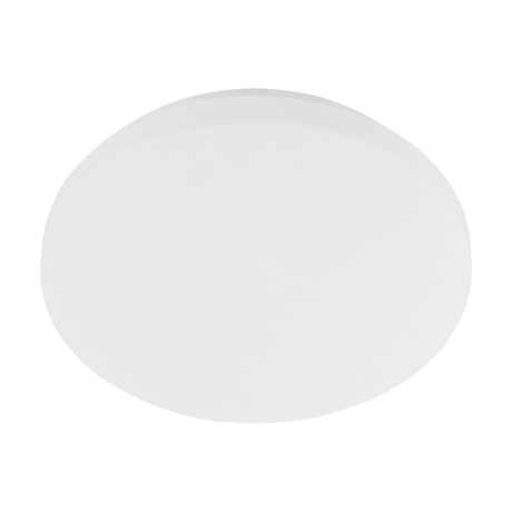Pogliola-E LED flush ceiling light, 26cm round white steel body with opal plastic diffuser, shown on a plain white background.