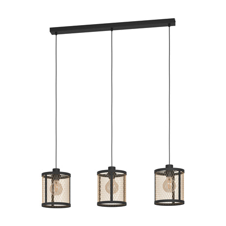 Polbena Linear Pendant Light in black steel, with a slim ceiling bar and three cylindrical cage shades featuring brass-coloured mesh, shown on a white background.