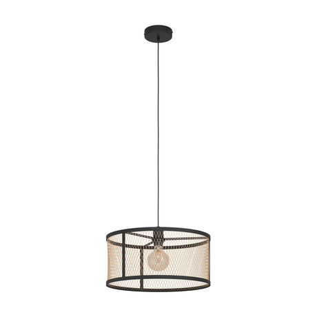 Polbena drum-shaped pendant light with black steel frame and diamond mesh shade in brass tone, single E27 fitting, shown on a plain white background.