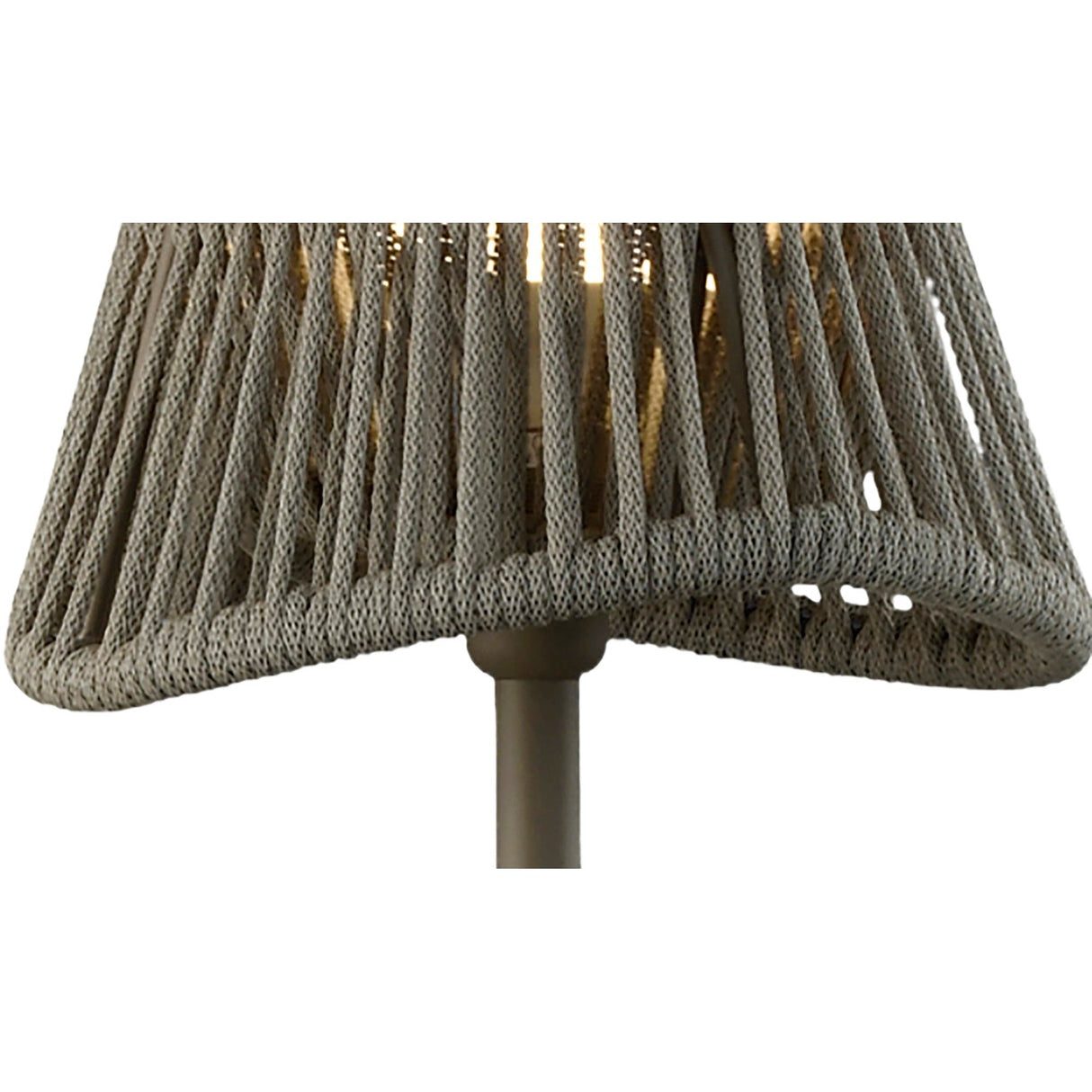 Close-up of the Polinesia 1 Light Outdoor Floor Lamp in beige, featuring a wicker-style shade made of thick, vertically woven rope with light shining through. The metallic base is partly visible—ideal for adding unique style to your garden lighting.