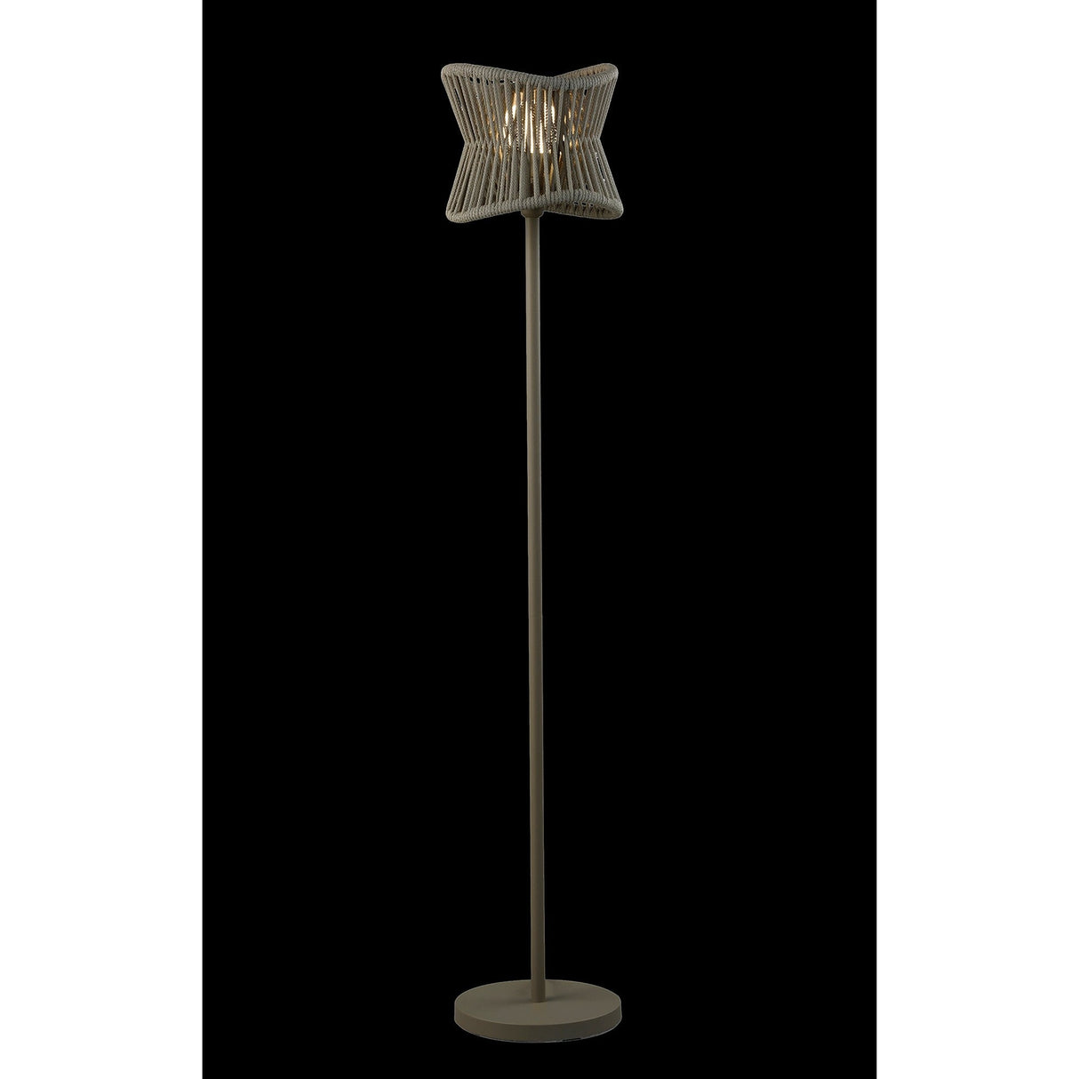 The Polinesia 1 Light Outdoor Floor Lamp in beige features a cylindrical base and a star-shaped wicker-style shade, shown against a black background.