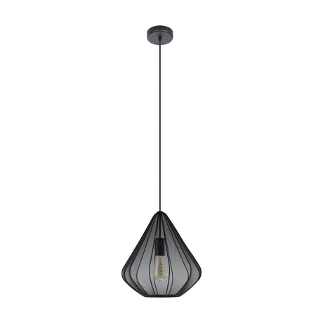 Polmorne fabric pendant light in black, 33.5cm faceted teardrop mesh shade on slim ribs with black cord, ceiling rose and E27 bulb, shown on a plain white background.