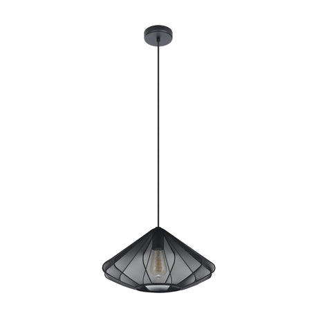 Polmorne Fabric Pendant Light 42.5cm in black, a single-light fixture with a faceted mesh fabric shade over slim ribs, black cord and ceiling rose, on a white background.