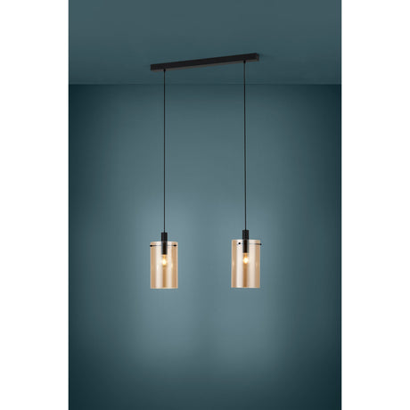 Polverara Amber Glass 2 Light Pendant in black, a linear ceiling bar with two black cords suspending cylindrical amber glass shades, shown against a dark teal backdrop.