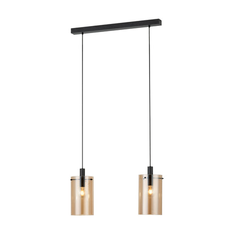 Polverara 2 light bar pendant with black steel ceiling bar, slim black cords and two amber glass cylinder shades, shown on a plain white background.