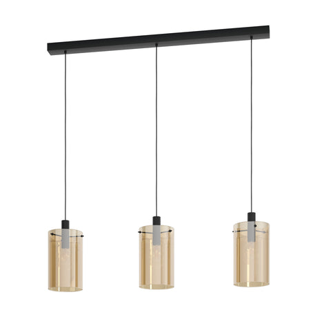 Polverara Amber Glass Linear Pendant Light in black, with a steel ceiling bar suspending three cylindrical amber glass shades on cords, shown on a plain white background.