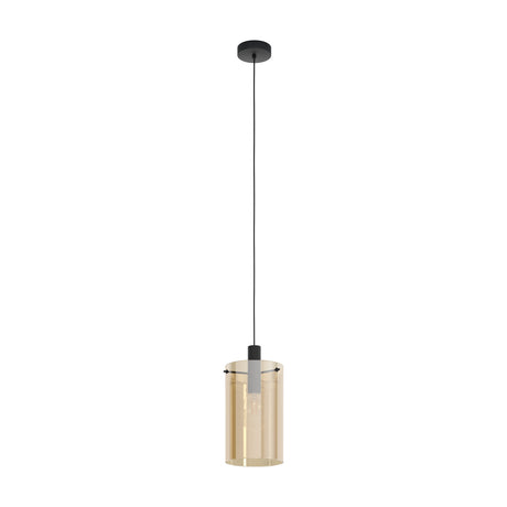 Polverara Amber Glass Pendant Light in Black, a single cylindrical amber glass shade on a black cord with round ceiling canopy, shown on a plain white background.