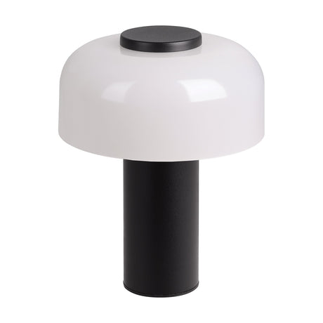 Ponente LED touch table lamp with a mushroom-shaped frosted white glass dome, black disc top, and black steel stem base, shown on a plain white background.