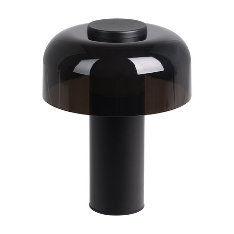 Ponente LED touch table lamp with a smoked plastic mushroom-shaped dome shade and matte black steel cylindrical base, shown on a plain white background.