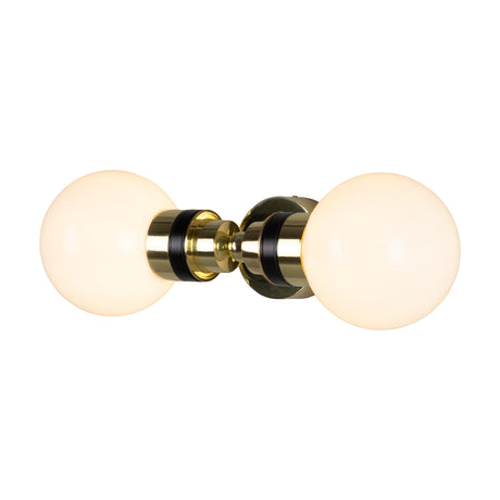 Poole Twin Glass Globe Wall Light IP65 with two opal glass globes extending from a central brass backplate with black accent rings, shown on a plain white background.