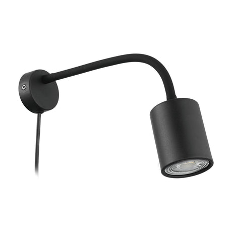 Portella Wall Light in black steel, round wall plate with a slim curved arm and cylindrical GU10 spotlight head, shown on a plain white background.