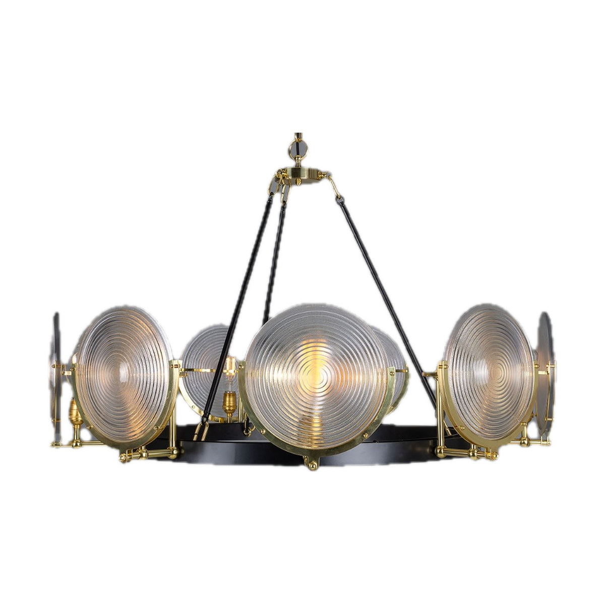 Portland Dish 9 Light Ribbed Glass Chandelier - Polished Brass